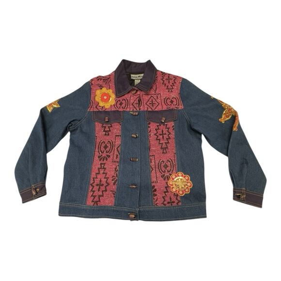 Indigo Moon Jackets & Blazers - Indigo Moon Denim Chambray Medium Coat Pink Aztec Accent Purple Trim Embellish